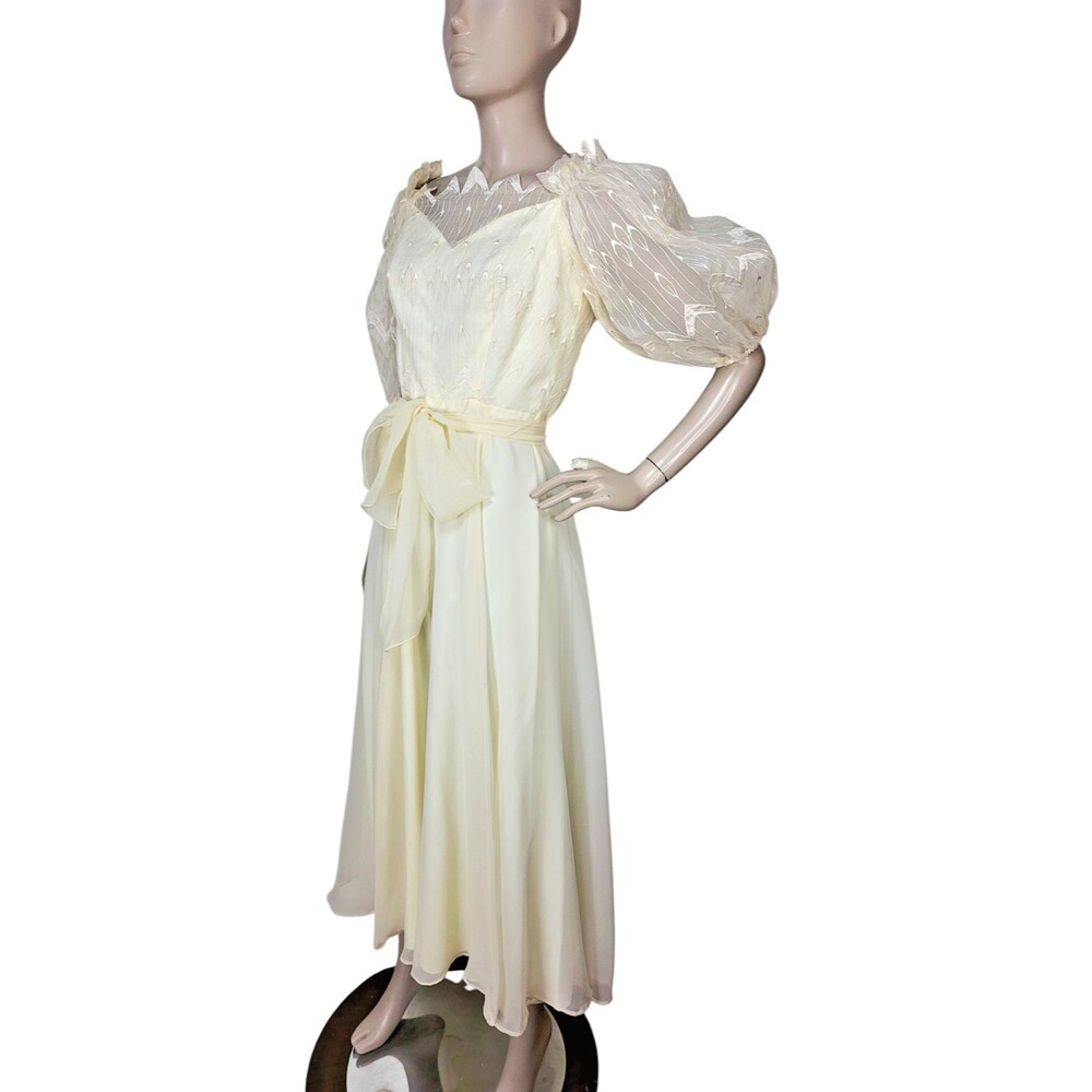 Vintage 70s Bubble Puff Sleeve Ethereal FairyCore Embroidered Chiffon Gown Dress